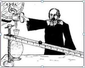 Galileo estudiando la caída de una bola por un plano inclinado